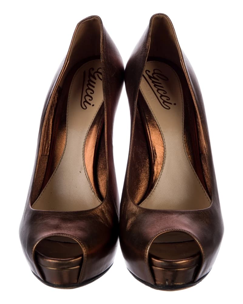Gucci Metallic Bronze Peep Toe Stilettos - Image 3