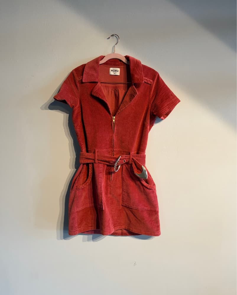 Red Belted Western Mini Dress Corduroy - Image 2