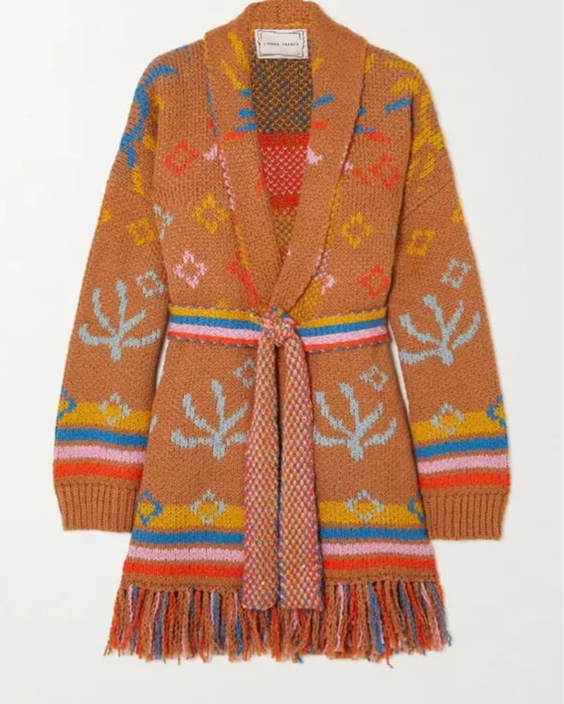 Fringed Intarsia Cotton Wrap Sweater  - Image 1