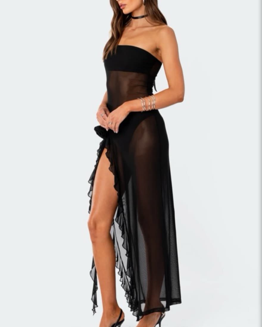 Edikted Sheer Mesh Flower Pin Maxi Dress - Image 2