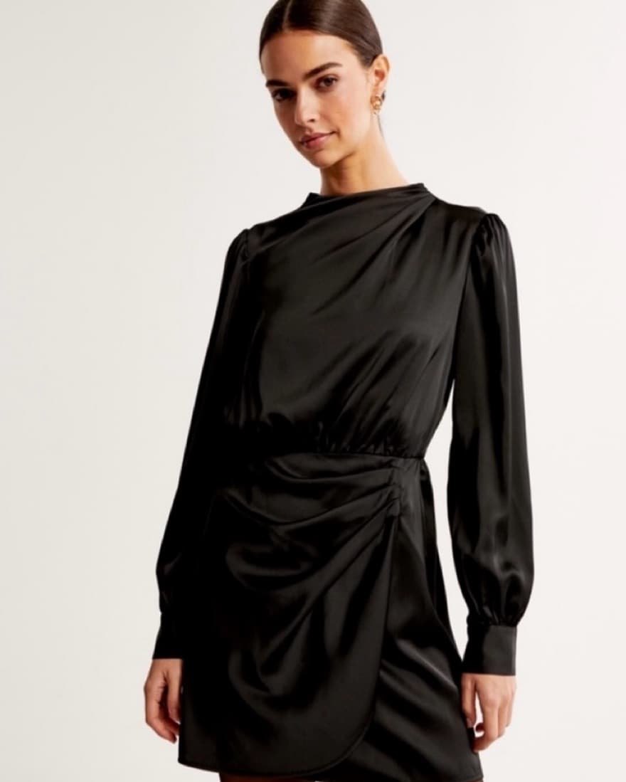 Long-Sleeve Satin Draped High-Neck Mini  - Image 3