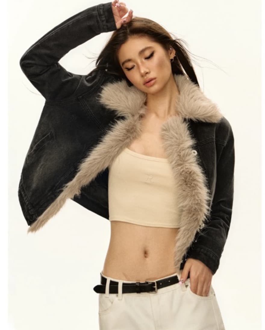 cropped plush fur denim jacket  - Image 1