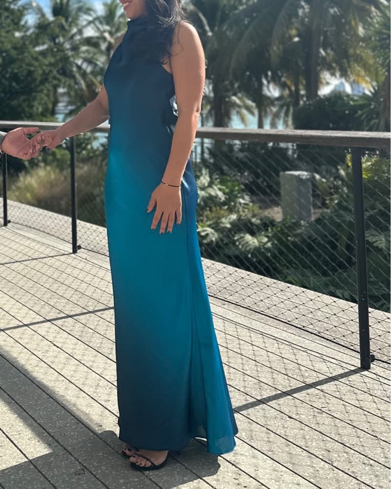 Ombre Teal Drapped Halter Gown - Image 5