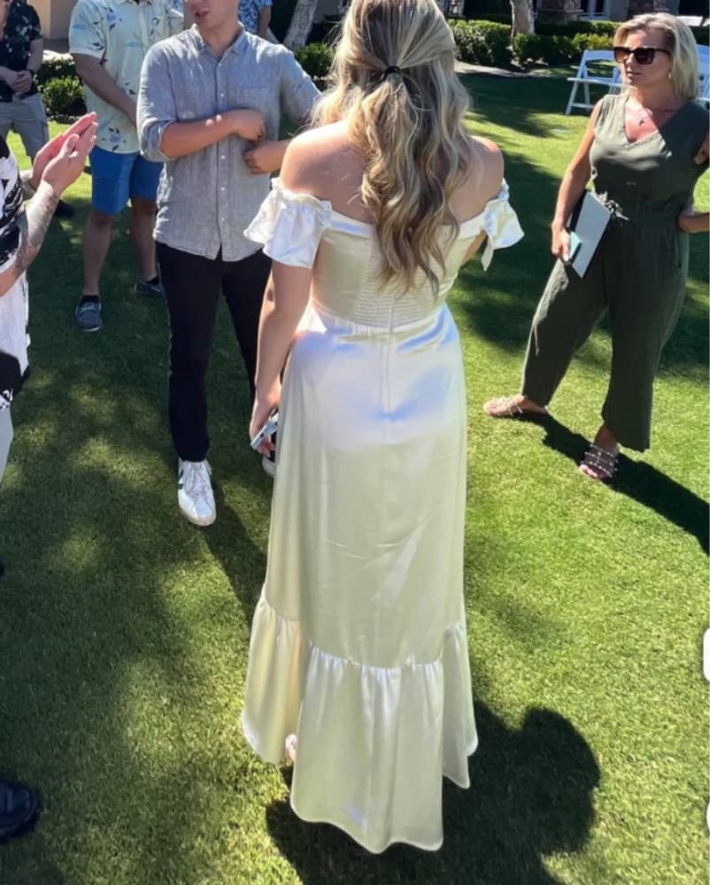 Reformation Off-Shoulder Satin Dress - Image 4