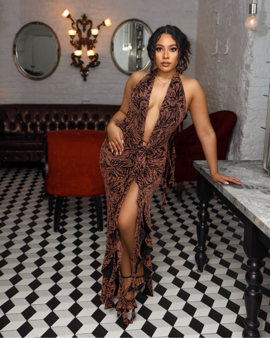 Murci Pattern Deep Plundge Backles Dress - Image 6