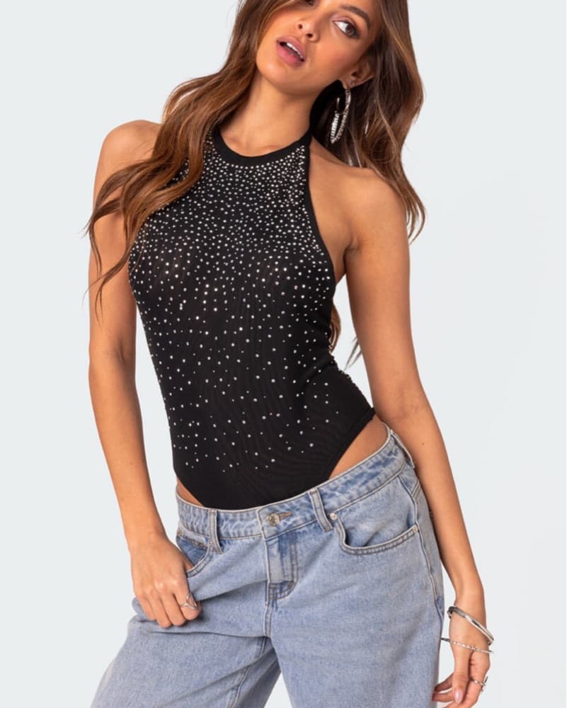 Rhinestone Mesh Backless Halter Bodysuit - Image 2