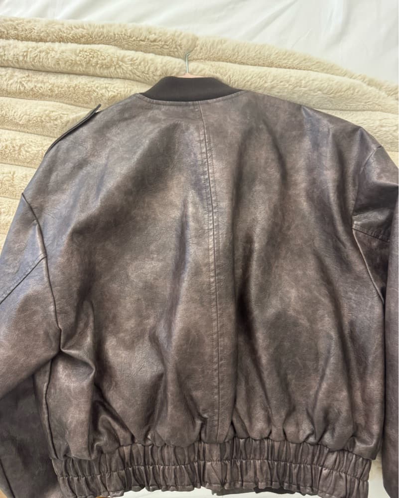 Distressed Faux Leather Bomber Jacket - Image 2