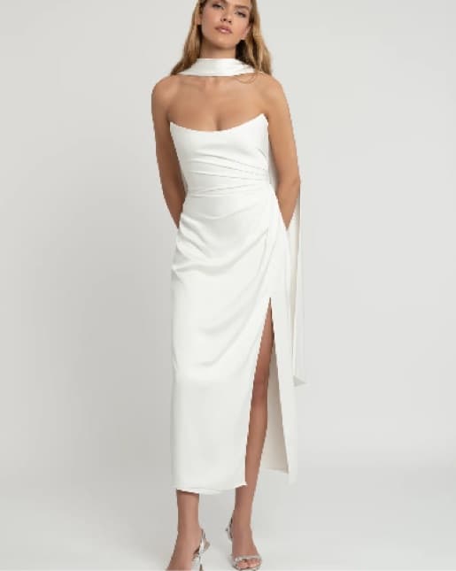 Jenny Yoo Perla White Draped Midi Dress - Image 1