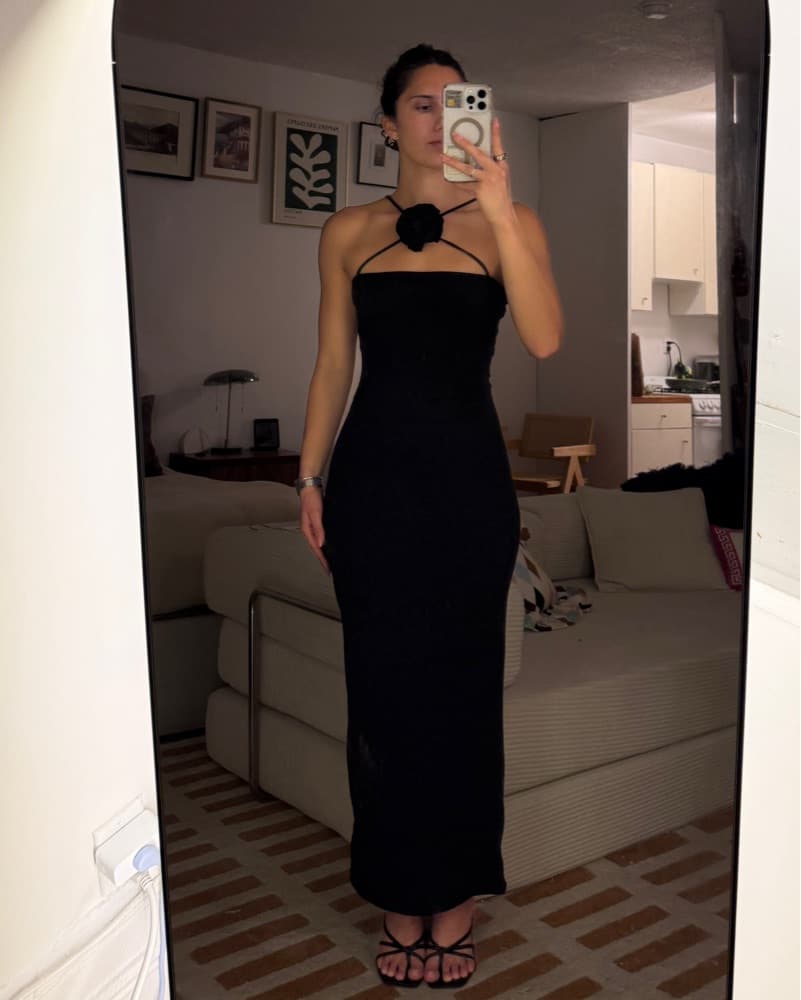 Black Maxi Dress with Flower Detail - Image 2