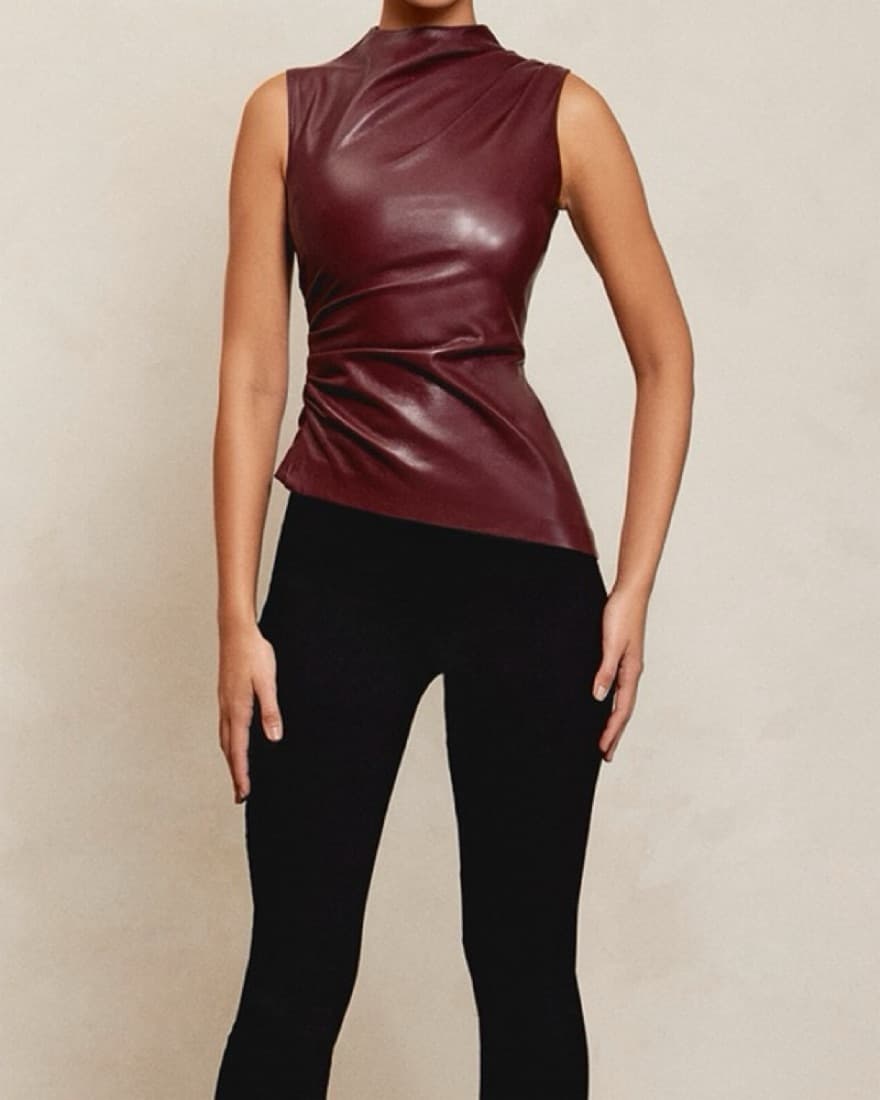 Asymmetric Faux Leather Gathered Top - Image 5