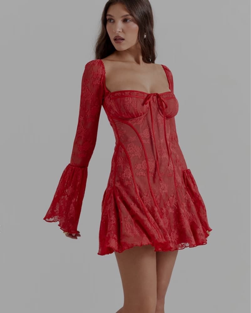 Red Lace Mini Dress - Image 3