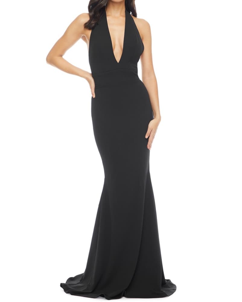 Black Halter Plunge V-Neck Gown - Image 2