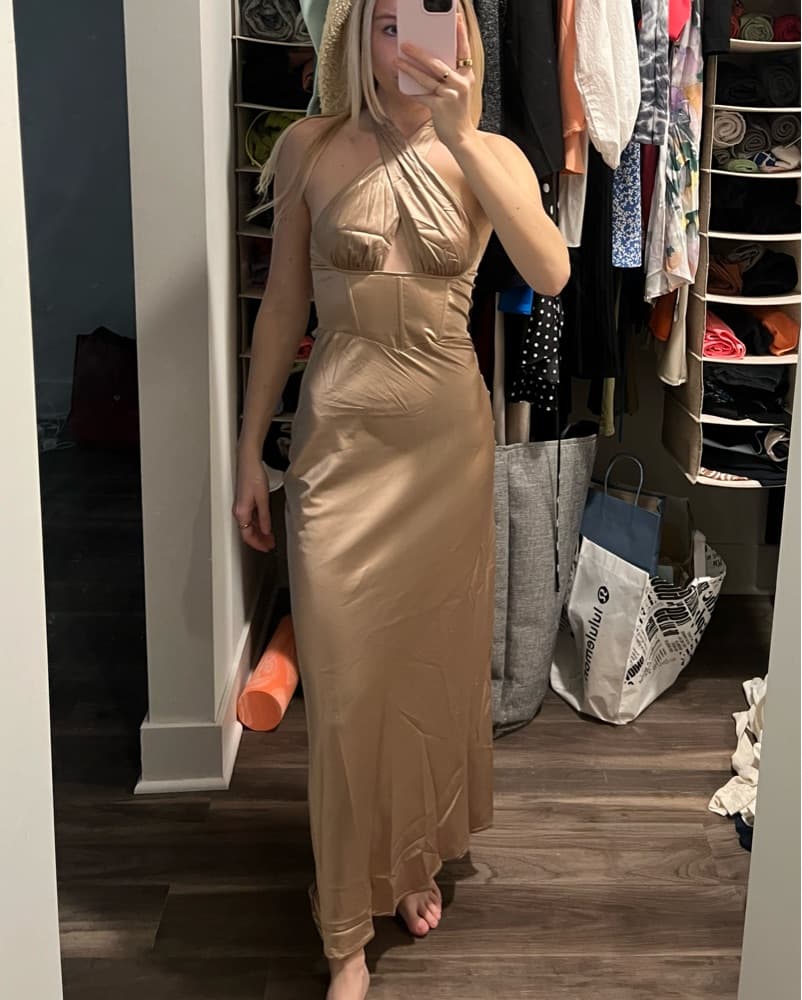 Stunning ChampagneHalter Neck Maxi Dress - Image 2