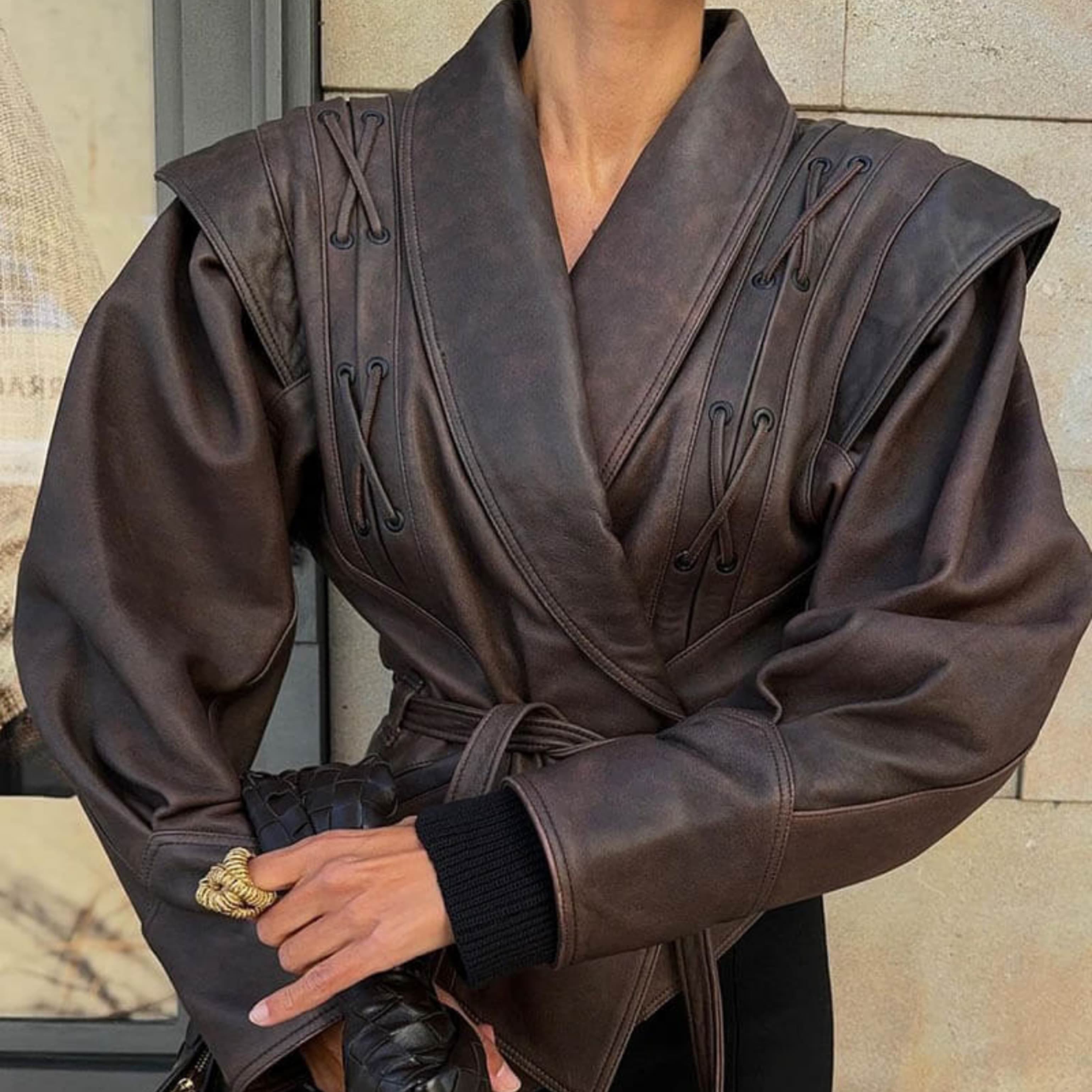 Faux Brown Leather Tie Front Jacket  - Image 1