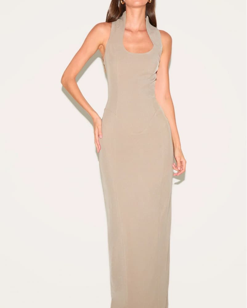 BEIGE WOVEN SCOOP NECK MAXI DRESS - Image 1