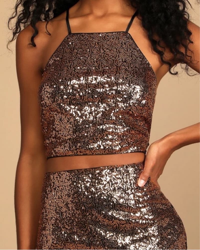 Bronze Sequin Crop Top Mini Skirt Set - Image 2