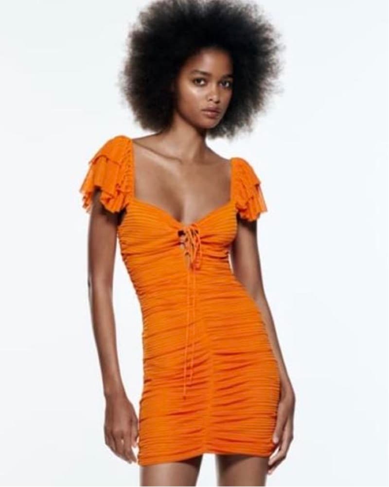 Orange Pleated Ruffle Tie Front Dress- M - Image 1