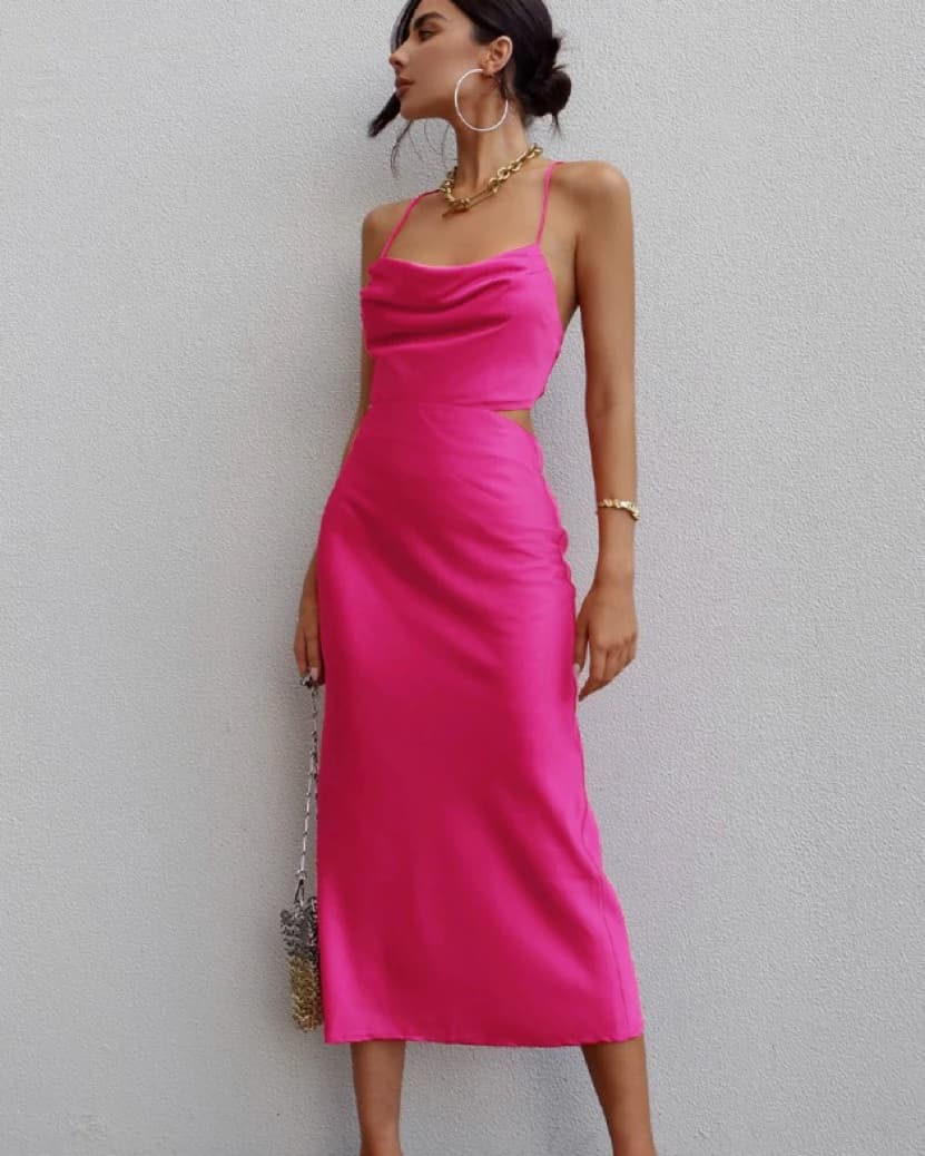 Hot Pink Midi Silk Slip Dress - Image 1