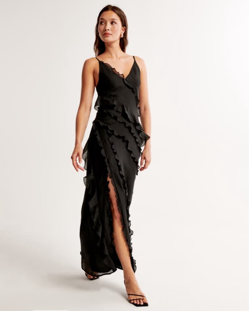 Draped Ruffle Black Maxi Dress - Image 1