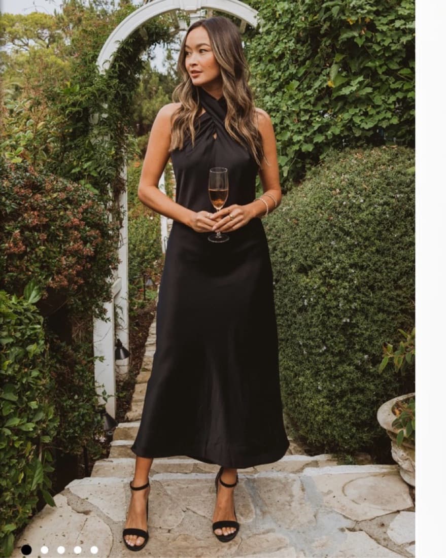 Black Satin Halter Midi Dress - Image 1