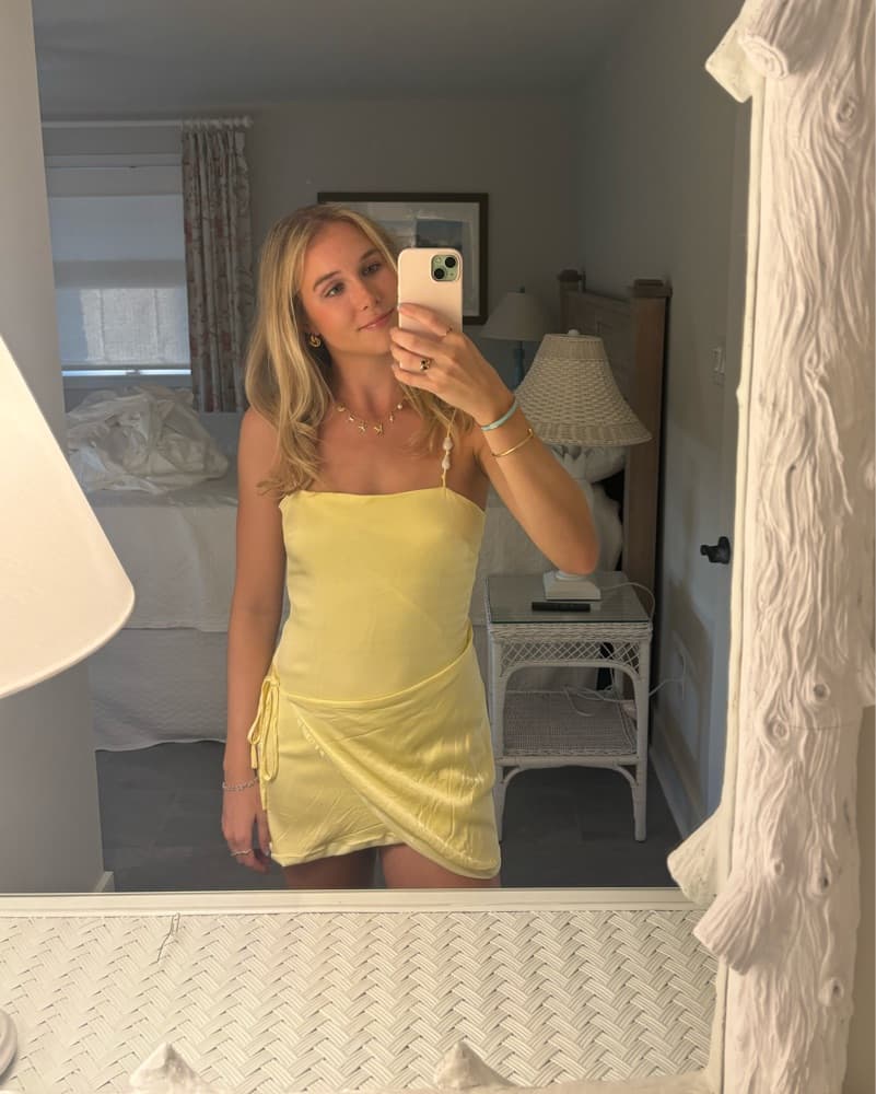 Yellow Wrap Mini Dress with Bead Strap - Image 1