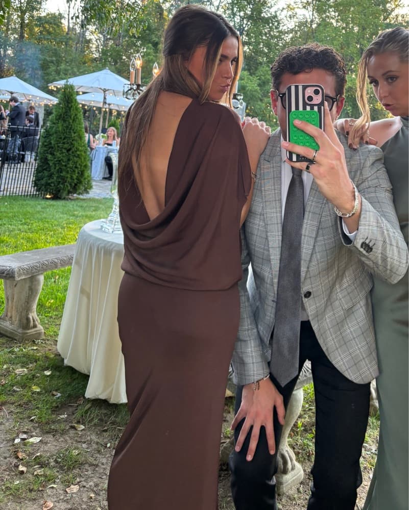 Elegant Brown Maxi Dress with Cascading Drape - Image 3
