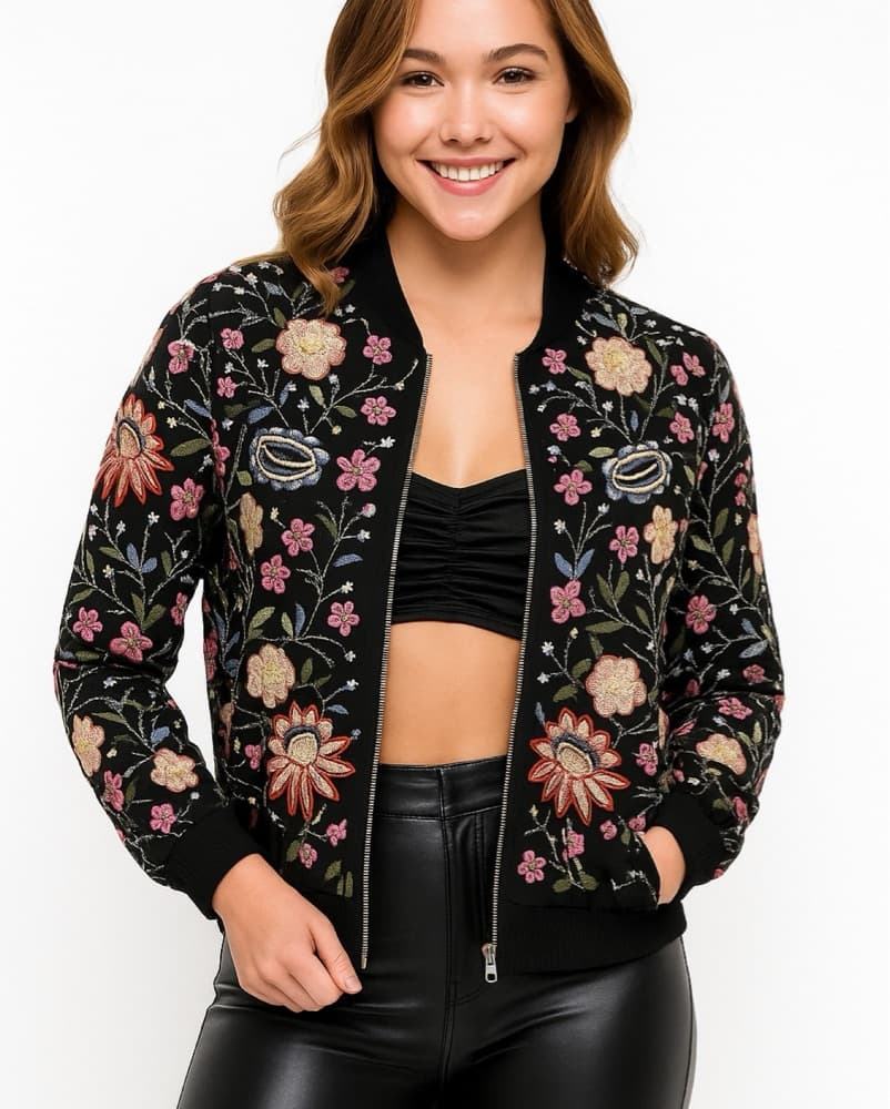Stunning Floral Embroidered Bomber Jacket - Image 1