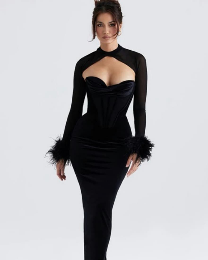 Elegant Black Velvet Gown with Feathered Cuffs - Image 1