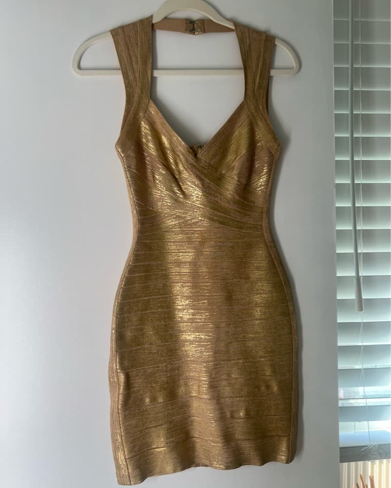Herve Leger Bandage Mini Gold Dress - Image 1