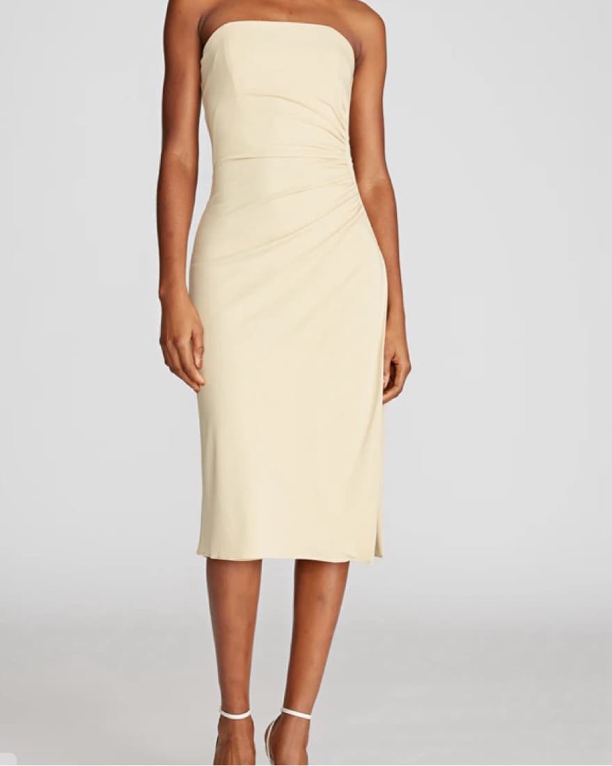 Creme Strapless Midi Dress With Slit - Image 2