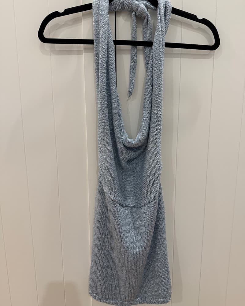 Blue Metallic Knit Halter Mini Dress - Image 2