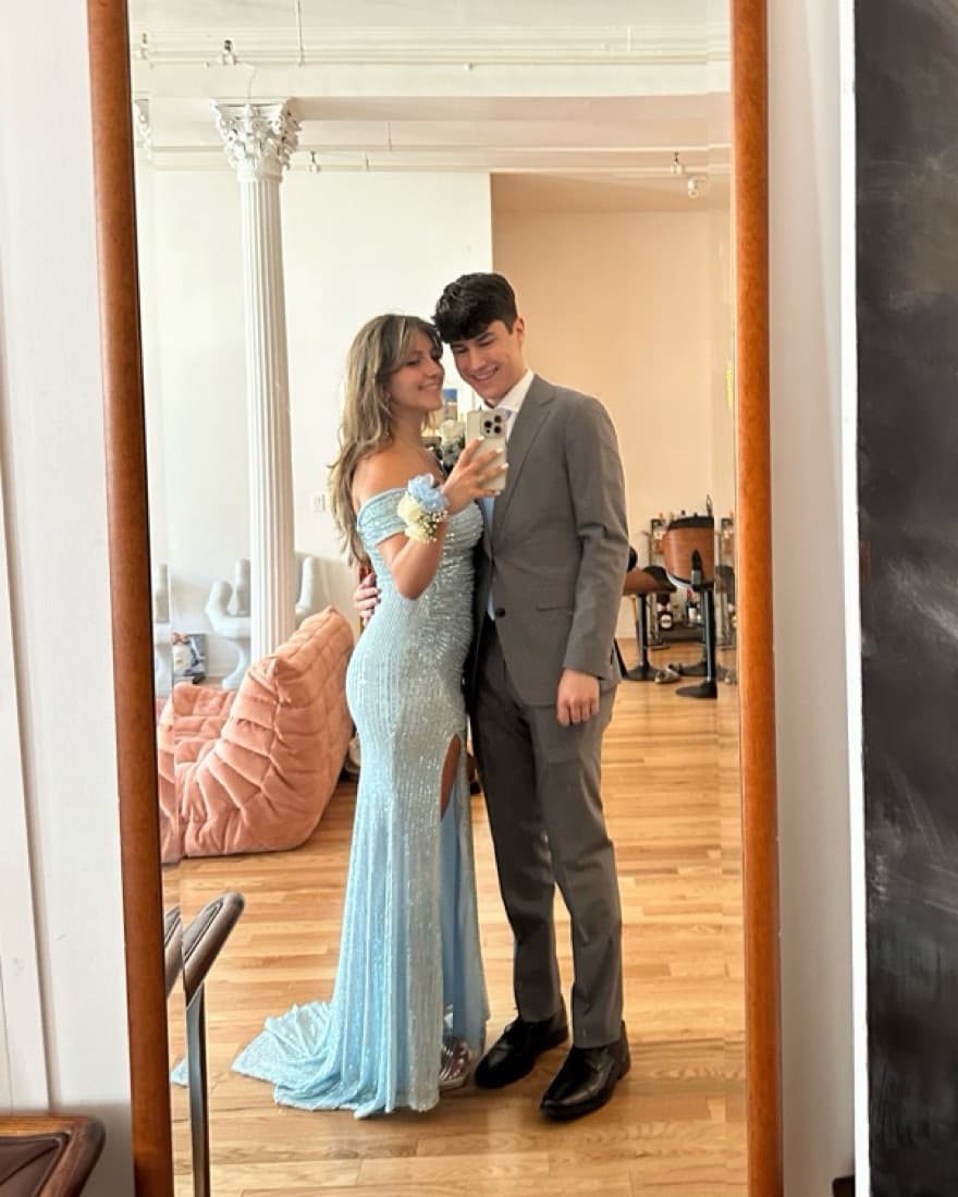 Off the shoulder baby blue sequin dress - Image 3