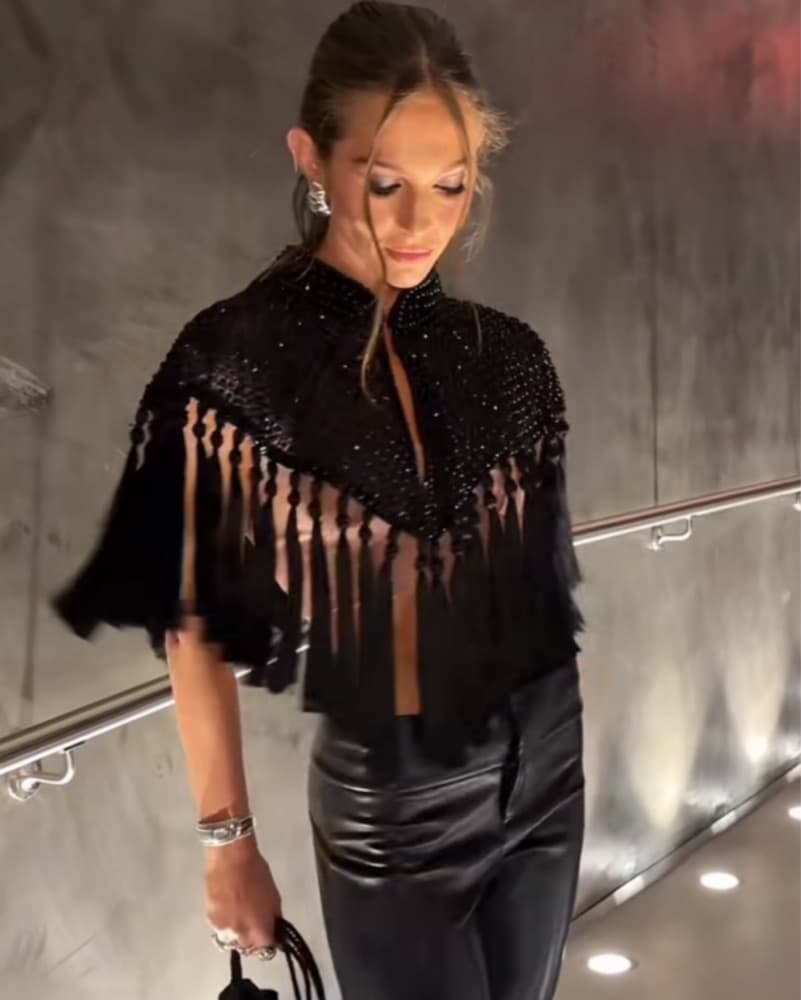 Black Beaded Tassel Cape Top - Image 1