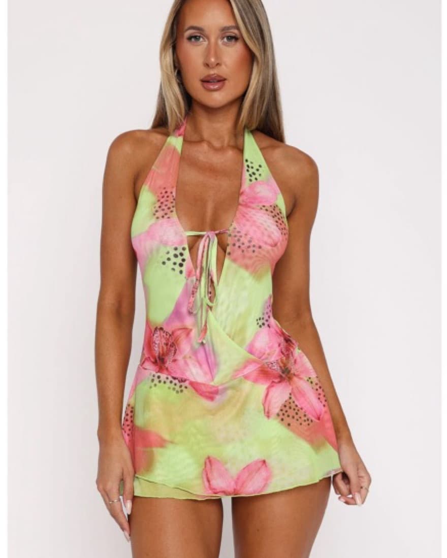 Too Extra Halter Mini Dress Lime Tropics - Image 2