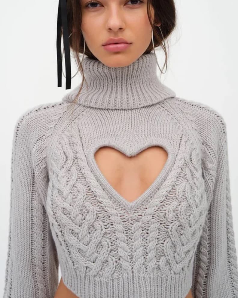 Grey Cropped Heart Turtleneck Sweater - Image 5