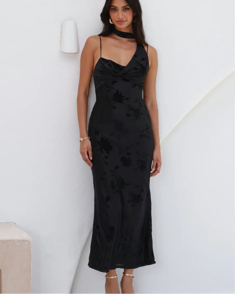 Black Maxi Dress with Neck Scarf  - Image 1