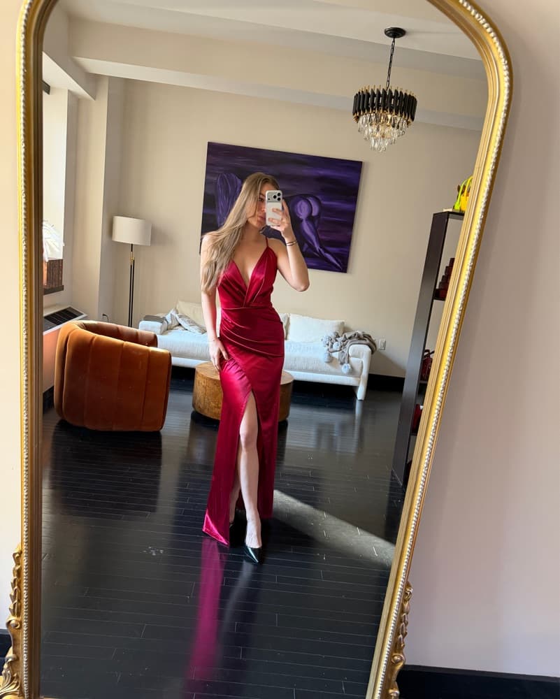 Red Satin Wrap Gown with Slit - Image 1