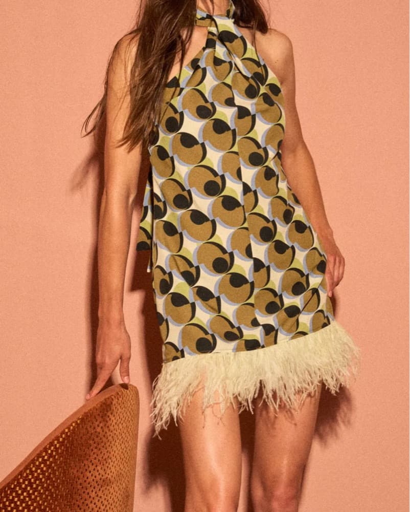 Vibrant Printed Halter Dress with Feather Trim - Image 1