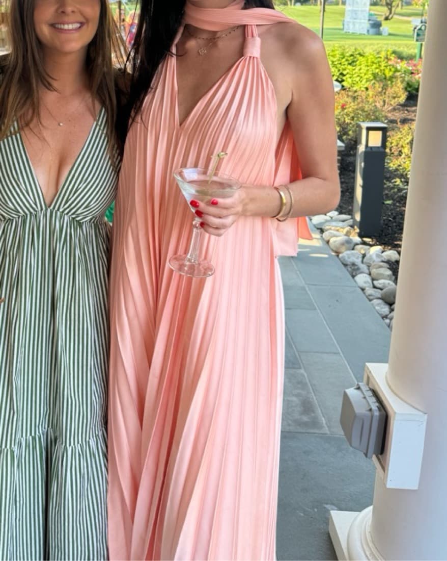Salmon Pink Pleated Long Dress - Image 1