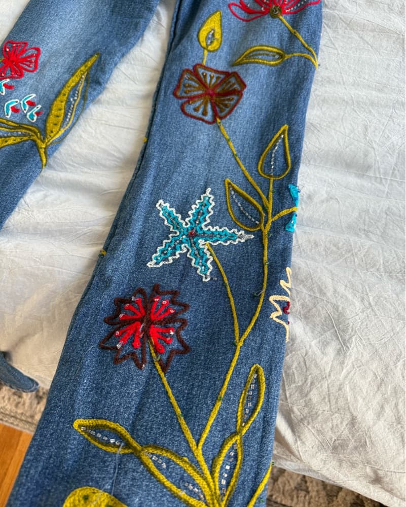 Vibrant Floral Embroidered Denim Jeans - Image 6
