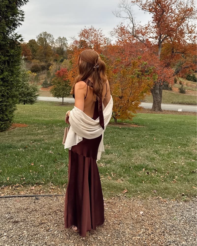 Club London Brown Satin Backless Dress - Image 6