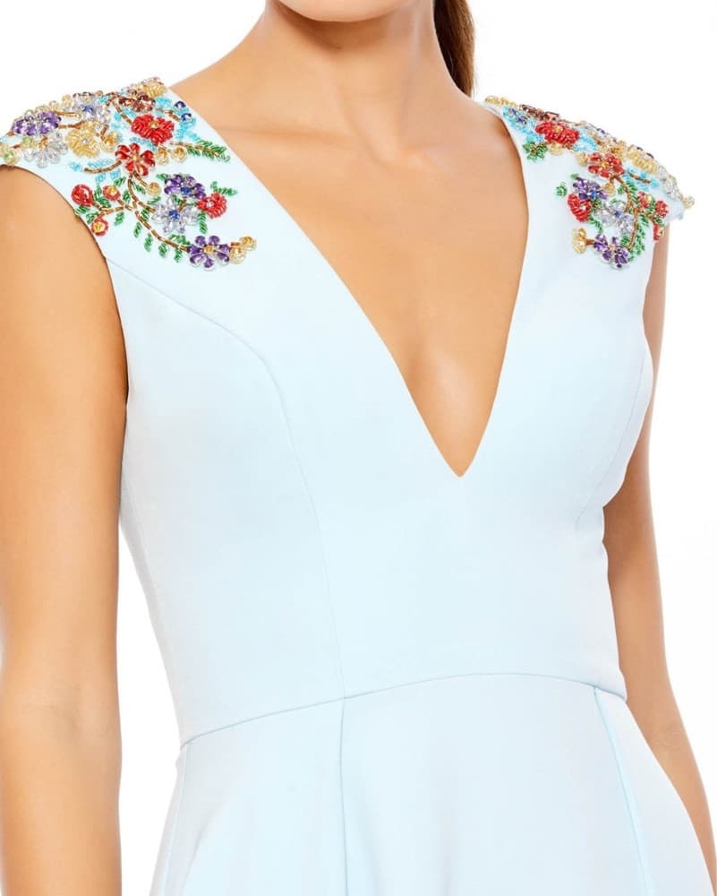 Mac Duggal Beaded Cap Sleeve V Neck Blue - Image 3