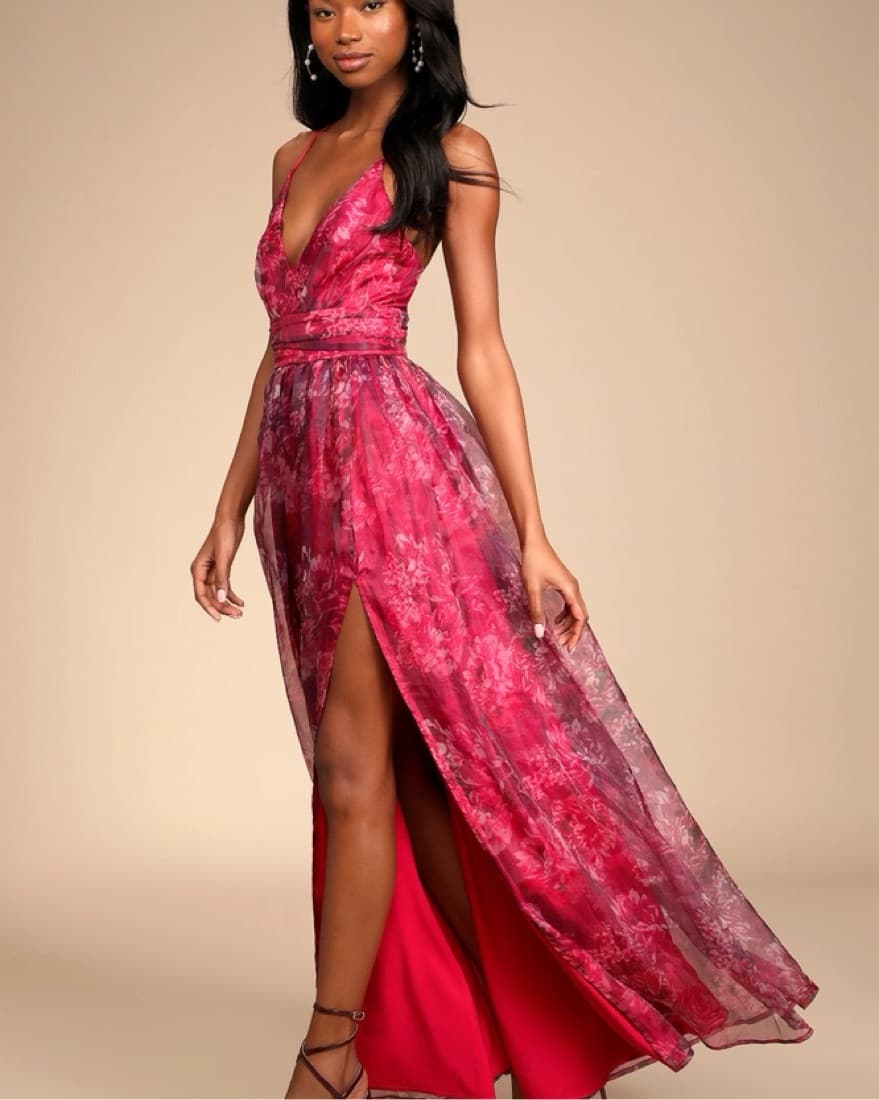 Magenta Floral Print Organza Maxi Dress - Image 2