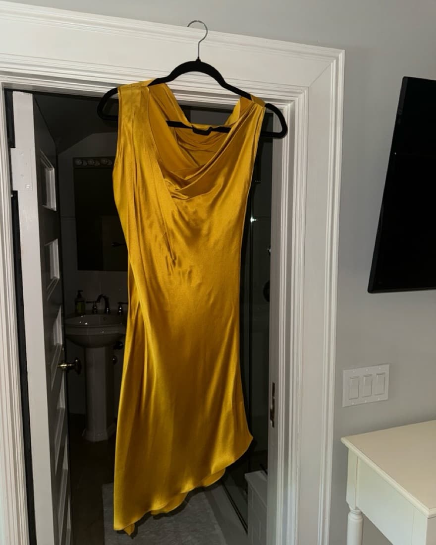 Gold Silk Off Shoulder Dress  - Image 3