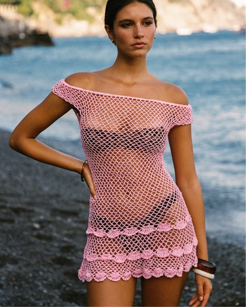 INDAH Pink Crochet Off Shoulder Dress - Image 1
