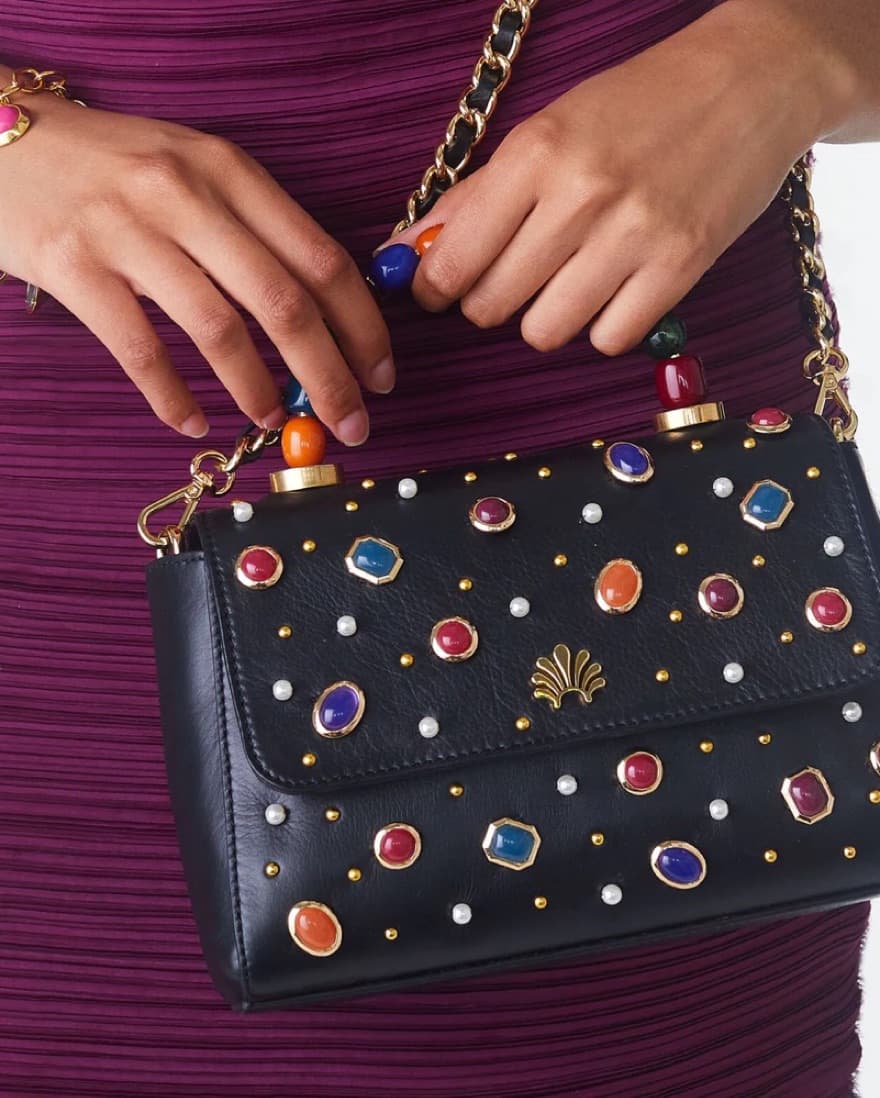 Lele Sadoughi Bezel Jewel Beaded Bag multicolor statement accessory purse crossbody chain  - Image 2