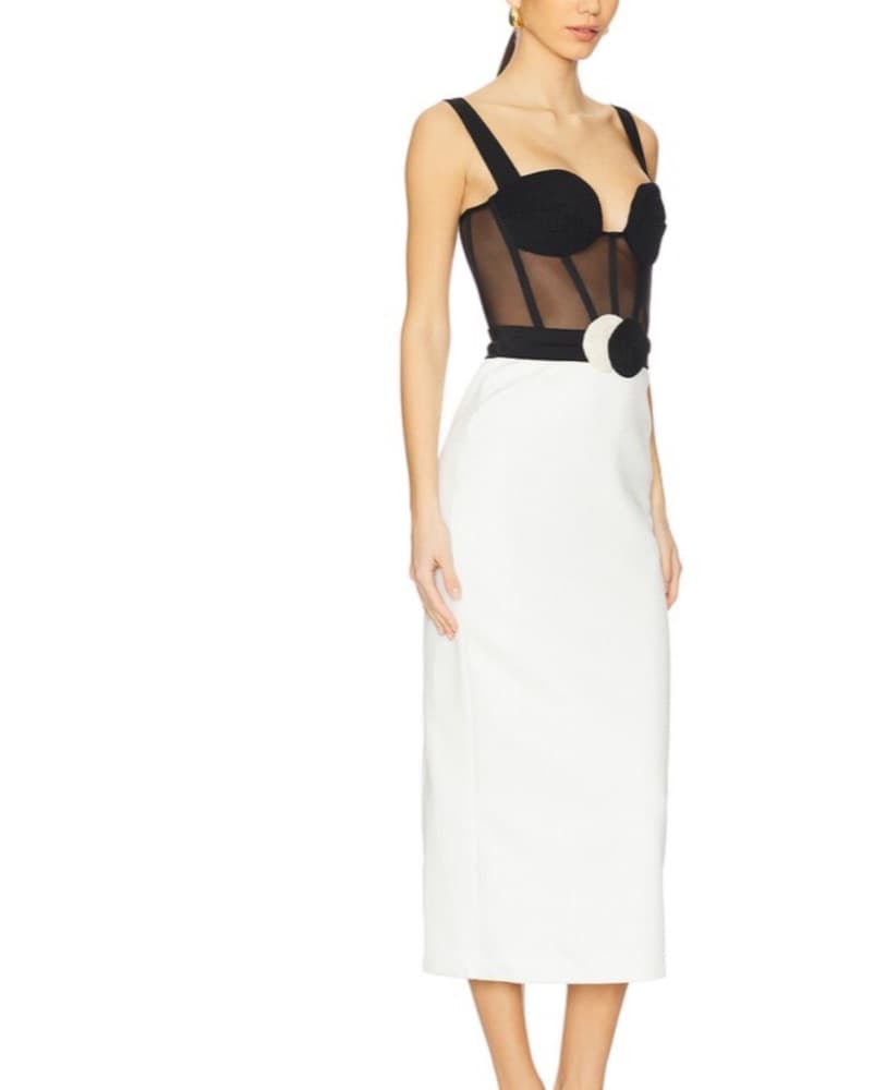 Black And White Belted Corset Midi Dress - Image 2