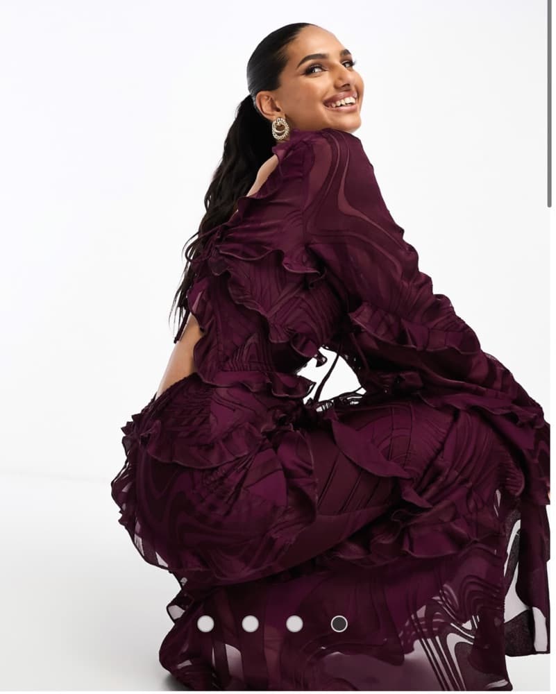 ASOS burgundy Ruffle Cut Out Satin Dress - Image 1