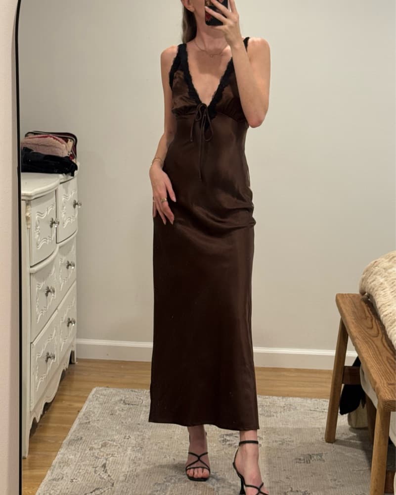 Brown Satin Maxi Dress with Black Lace - Image 6