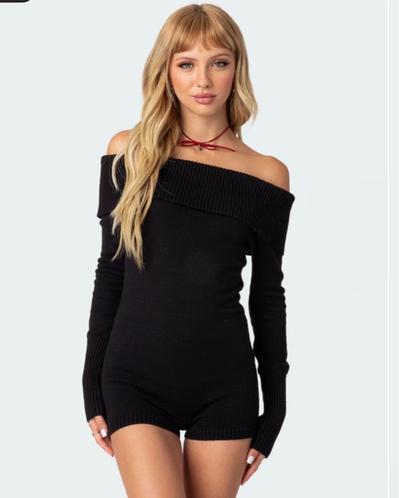 Black Off-Shoulder Knit Romper - Image 2